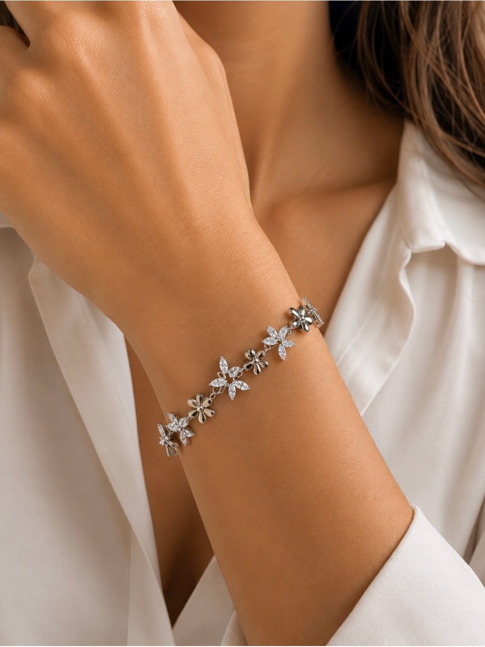 NEW!! 14k White Gold over Brass Floral CZ Bracelet - one extender